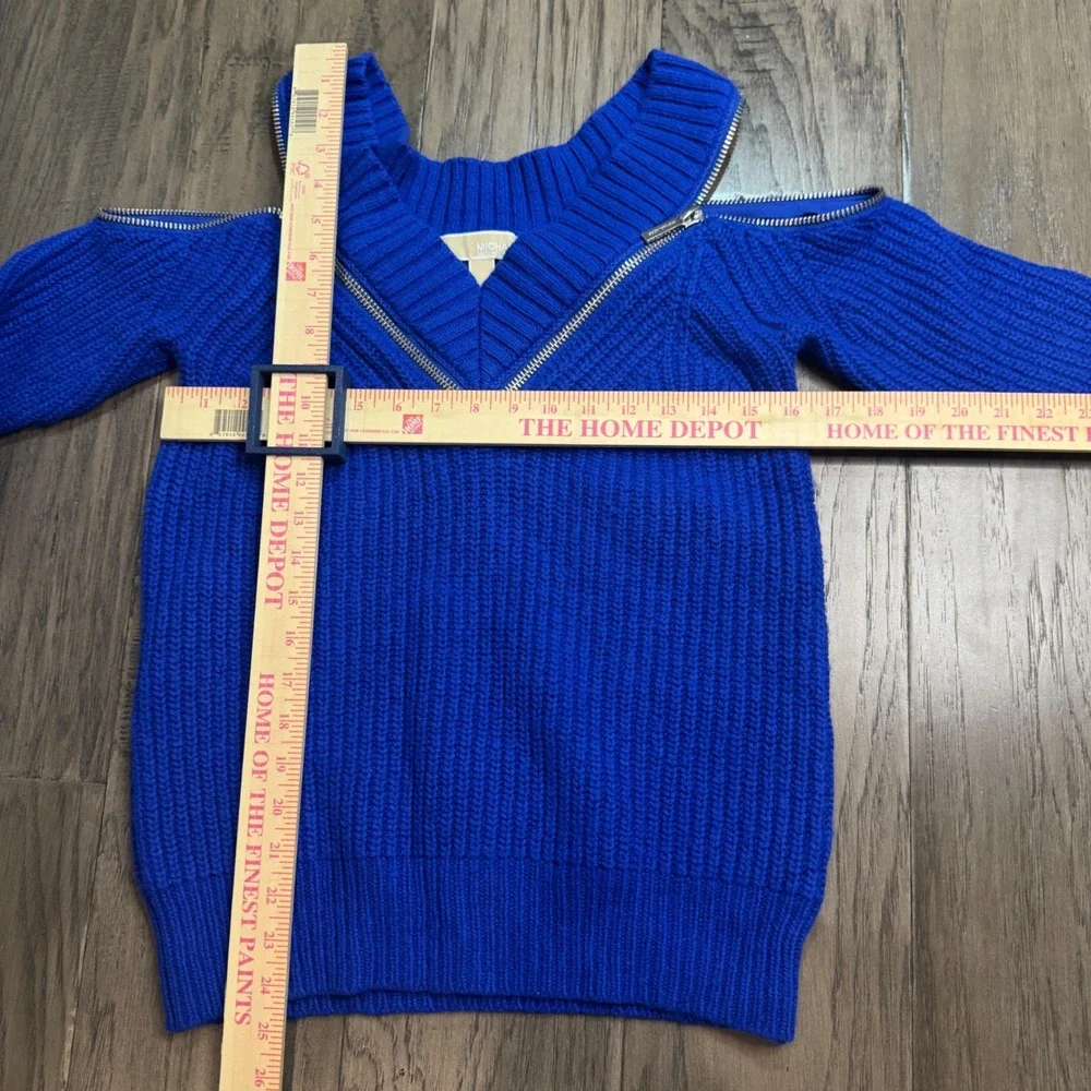 Michael Kors Cold Shoulder Zip‎ Neck Sweater Blue Ribbed Knit Size S